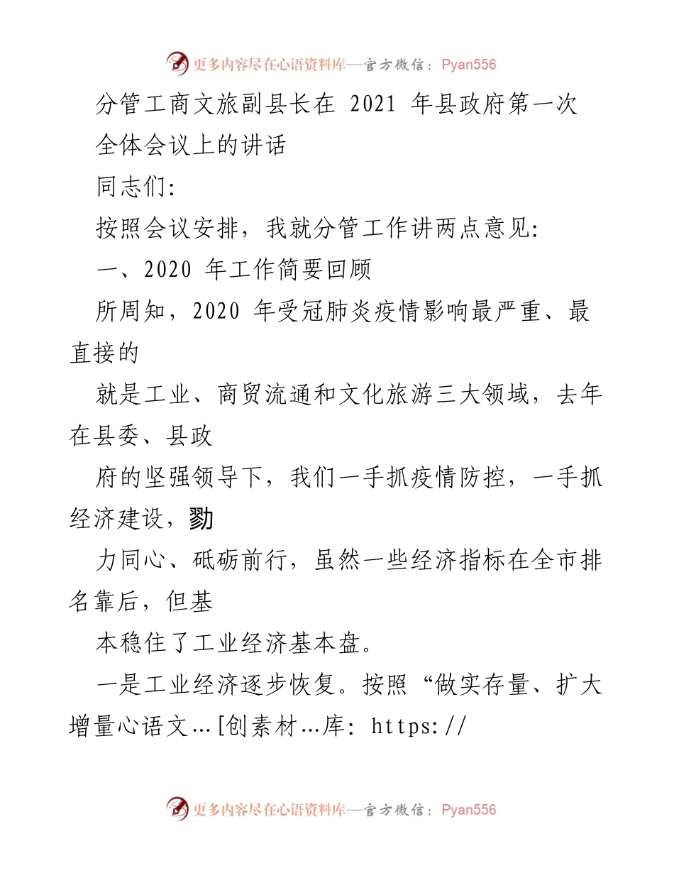 [发言] 县政府第一次全体会议 - 分管工商文旅副县长在2021年全体会议上的工作总结与展望.docx_第1页
