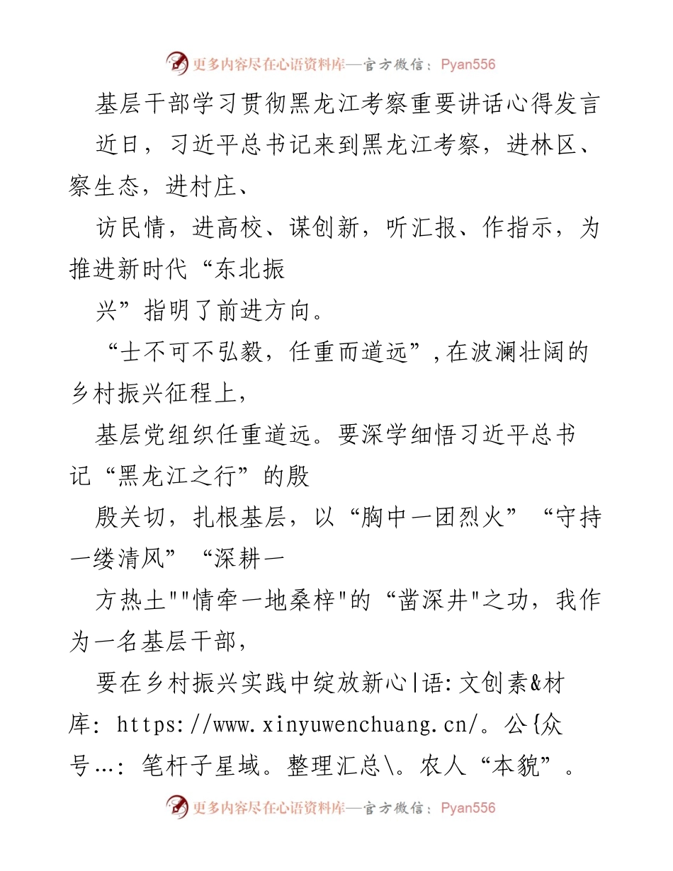 [发言] 基层干部学习会 - 深入学习贯彻习近平总书记黑龙江考察重要讲话的心得体会.docx_第1页