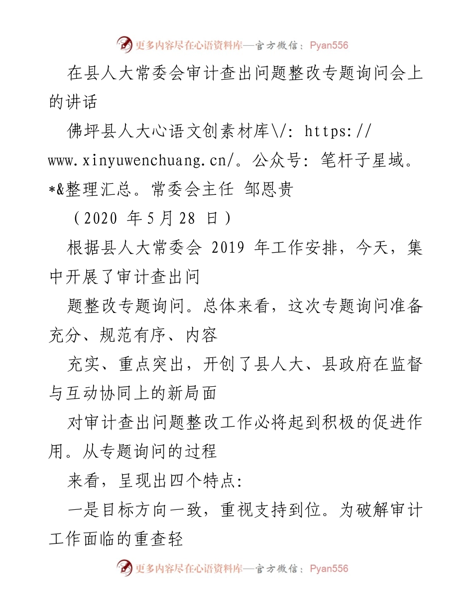 [发言] 县人大常委会审计查出问题整改专题询问会 - 审计整改专题询问会上的重要讲话.docx_第1页