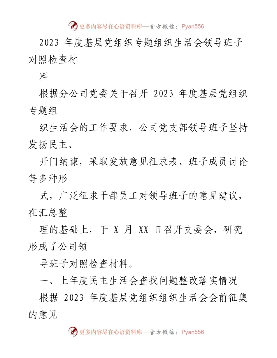 [发言] 基层党组织专题组织生活会 - 2023年度党支部领导班子对照检查材料总结.docx_第1页