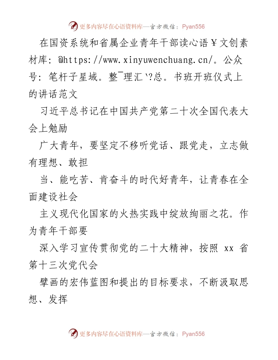 [发言] 国资系统和省属企业青年干部读书班开班仪式 - 青年干部要坚定理想信念，勇担时代责任.docx_第1页