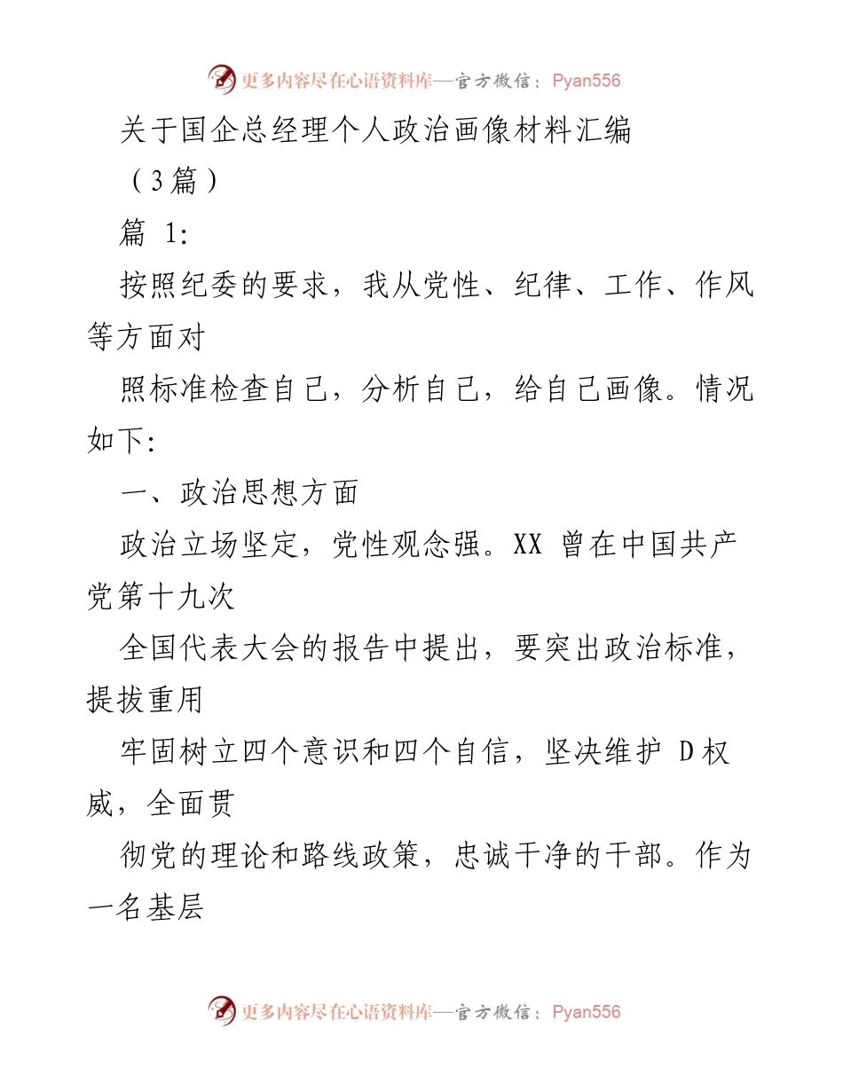 [发言] 国企总经理政治画像汇编 - 国企总经理个人政治画像的自我审视与总结.docx_第1页