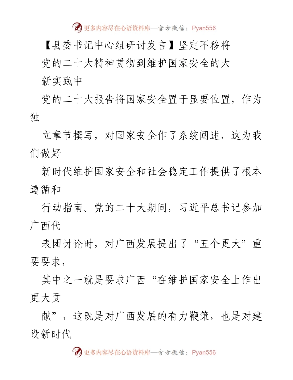 [发言] 县委书记中心组研讨 - 坚定不移贯彻党的二十大精神，维护国家安全新实践.docx_第1页
