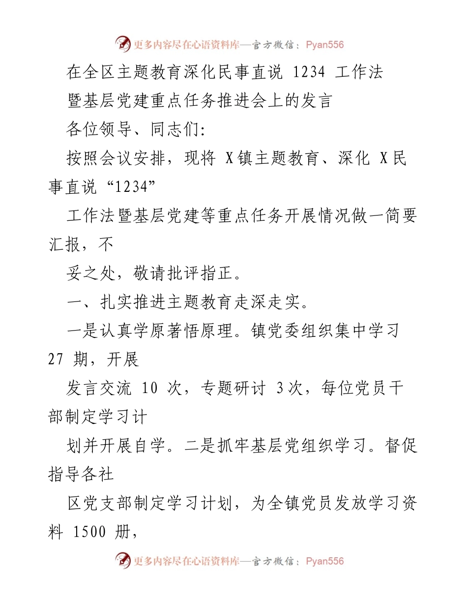[发言] 基层党建推进会 - 深化主题教育与民事直说工作法的实施汇报.docx_第1页