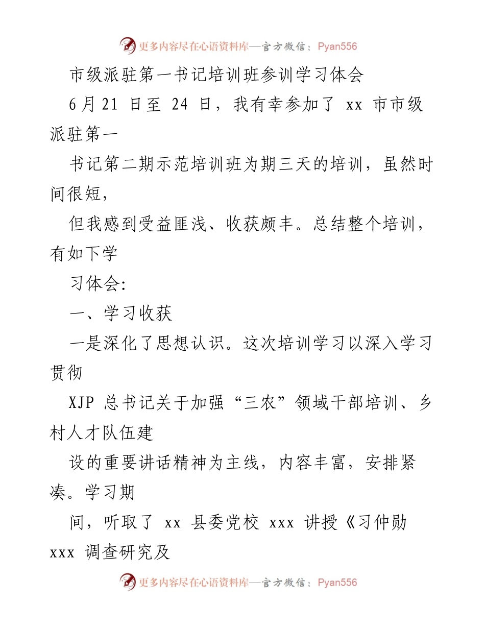 [发言] 培训班 - 市级派驻第一书记培训班学习体会总结_2.docx_第1页