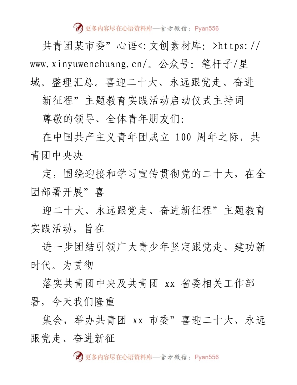 [发言] 启动仪式 - 共青团某市委主题教育实践活动启动仪式主持词.docx_第1页