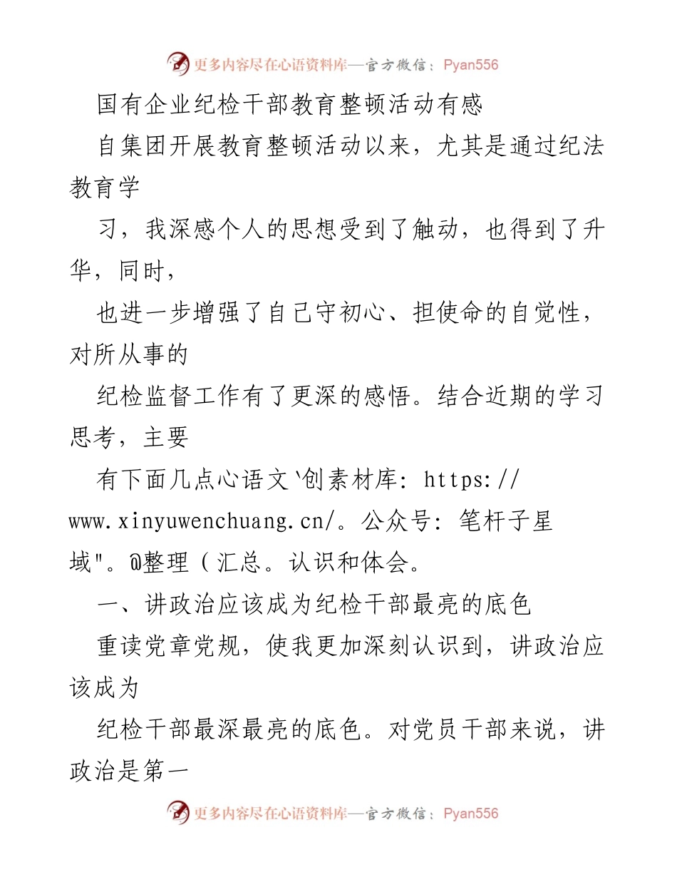 [发言] 国有企业纪检干部教育整顿活动 - 纪检干部的使命与责任感提升.docx_第1页