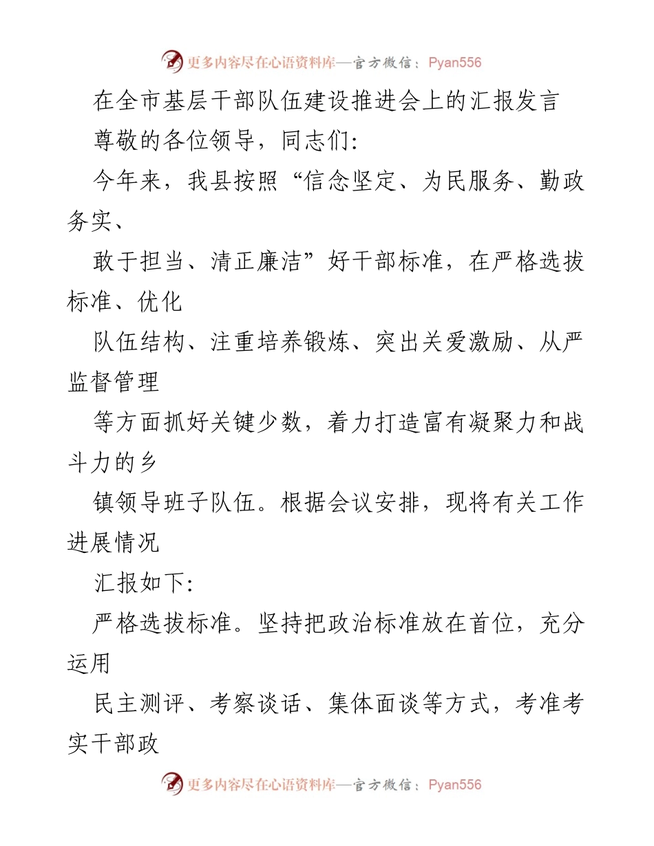 [发言] 基层干部队伍建设推进会 - 加强基层干部队伍建设的实践与成效汇报.docx_第1页