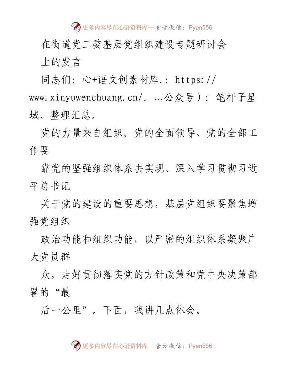 [发言] 基层党组织建设专题研讨会 - 加强基层党组织建设，提升政治功能与服务能力.docx_第1页