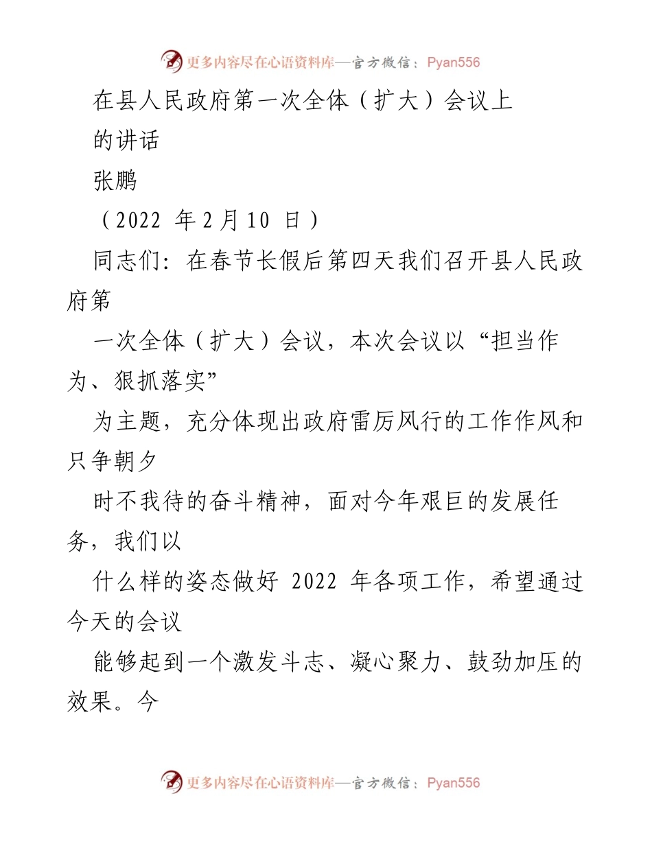 [发言] 县人民政府第一次全体（扩大）会议 - 以政治引领推动2022年政府工作落实.docx_第1页
