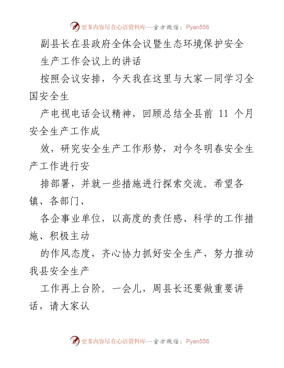 [发言] 县政府全体会议 - 加强安全生产工作，确保人民生命财产安全.docx_第1页