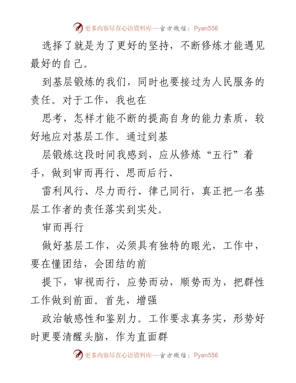 [发言] 基层工作总结 - 坚持修炼，服务人民：基层工作者的责任与思考.docx_第1页