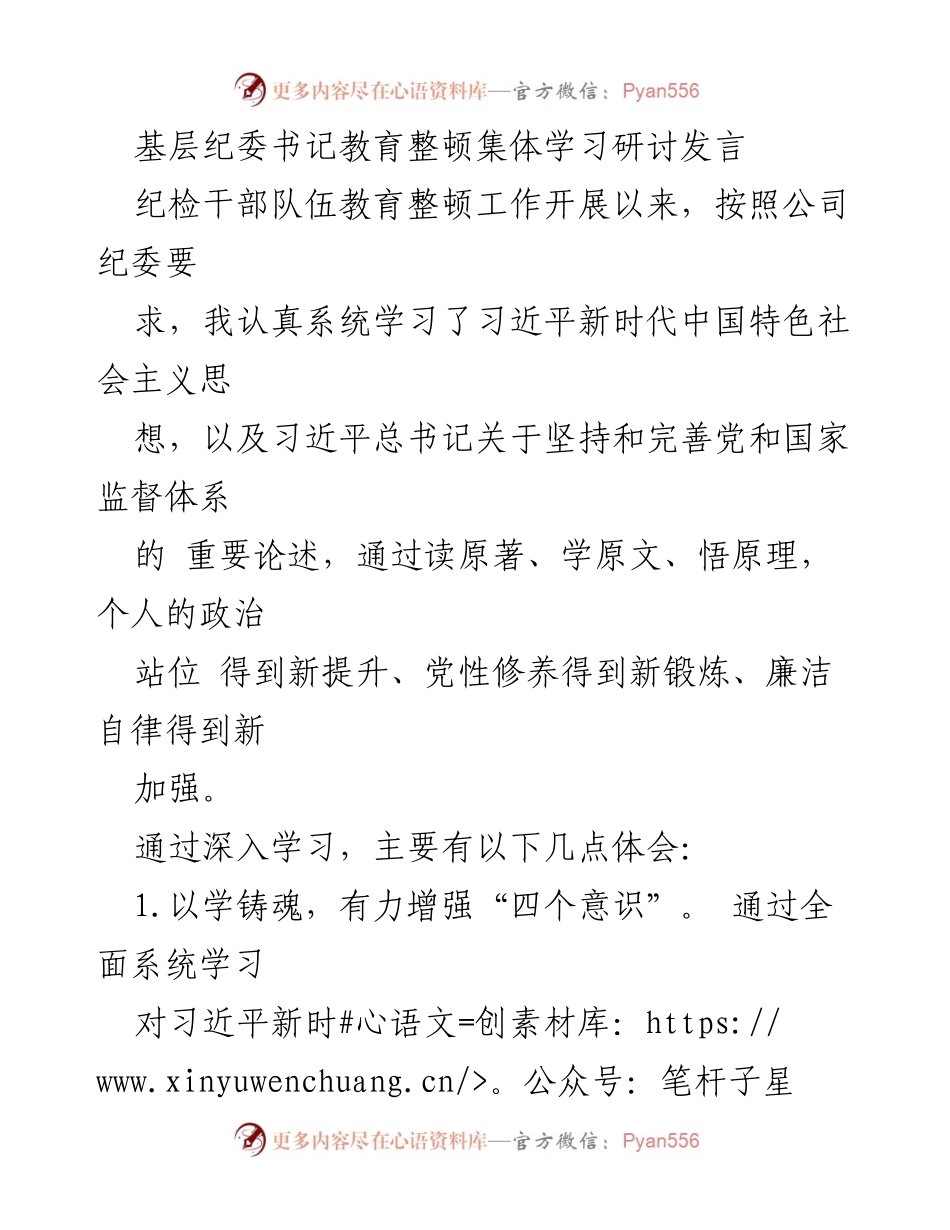 [发言] 基层纪委书记教育整顿集体学习研讨 - 深化理论学习，增强纪检干部责任担当.docx_第1页