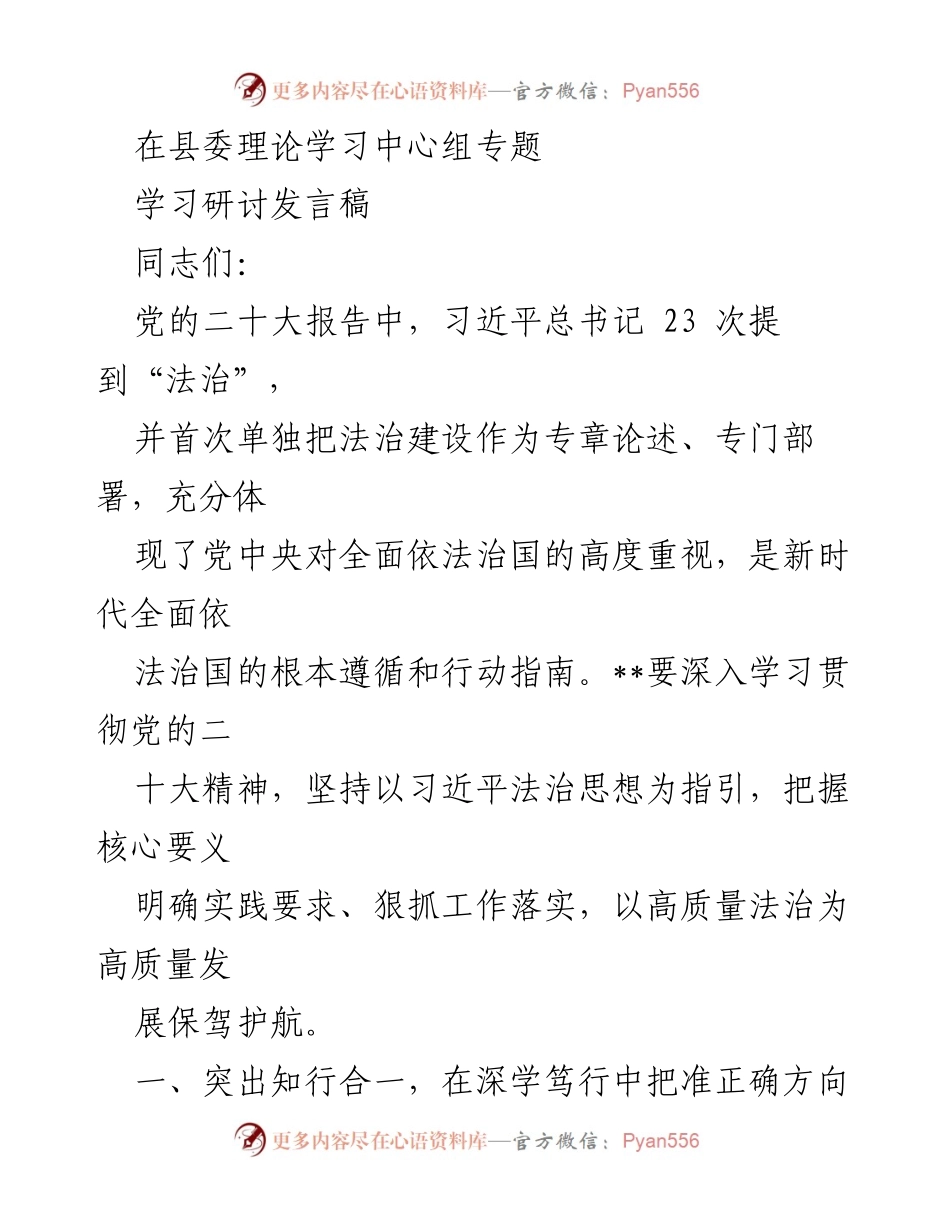[发言] 县委理论学习中心组 - 深入学习贯彻习近平法治思想 助力高质量发展.docx_第1页