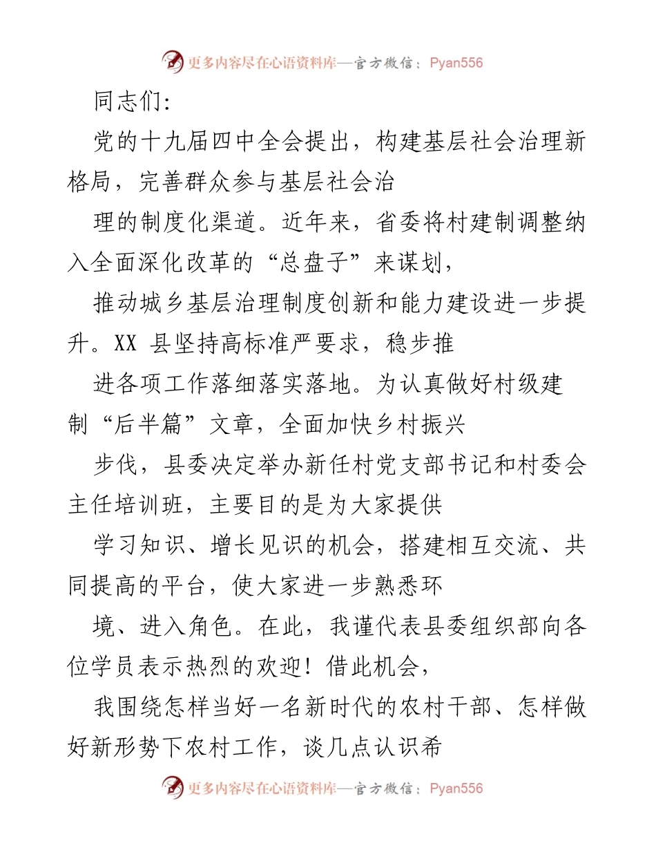 [发言] 培训班 - 新时代农村干部的使命与责任_1.docx_第1页
