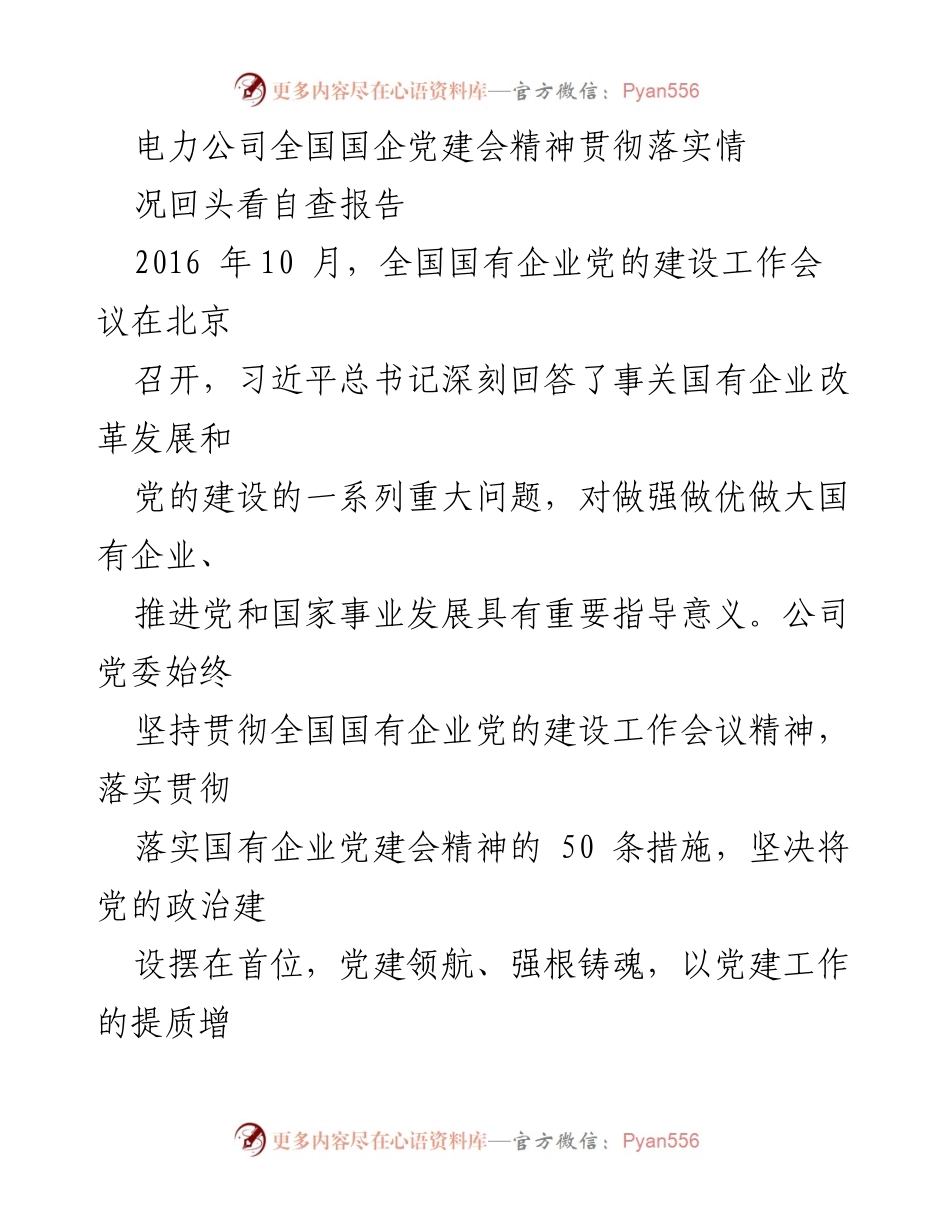 [发言] 国企党建会 - 电力公司落实国企党建会精神自查报告.docx_第1页