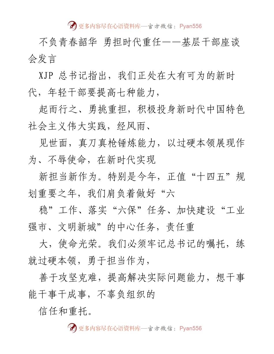 [发言] 基层干部座谈会 - 不负青春韶华，勇担时代重任：年轻干部的使命与担当.docx_第1页