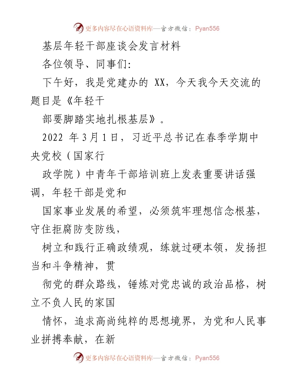 [发言] 基层年轻干部座谈会 - 年轻干部扎根基层的责任与担当.docx_第1页