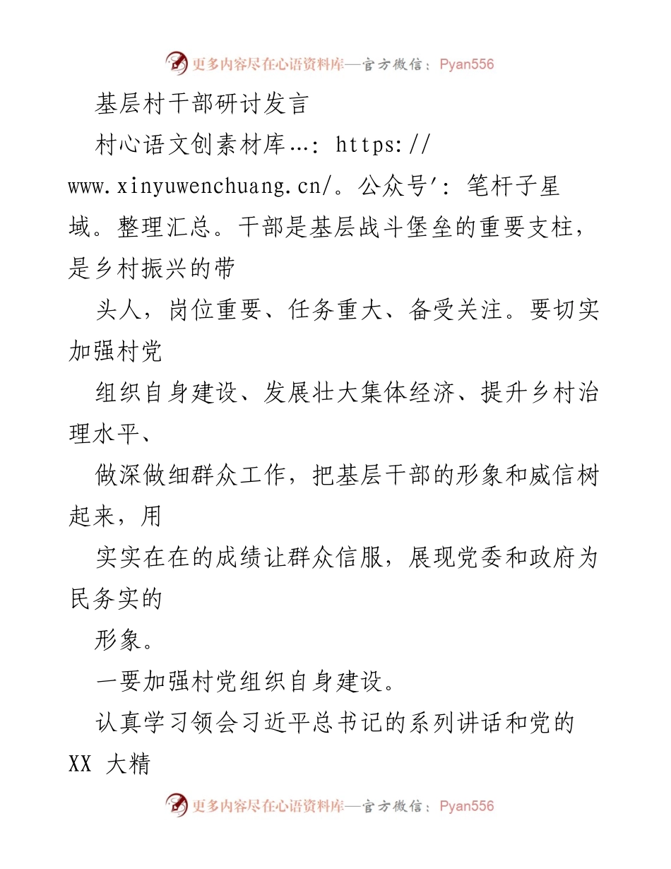 [发言] 基层村干部研讨会 - 加强村干部建设，推动乡村振兴.docx_第1页