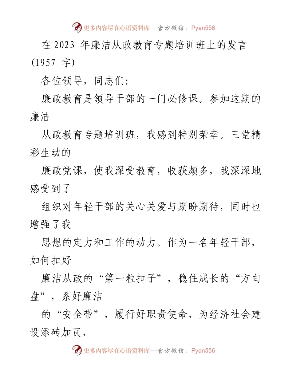 [发言] 培训班 - 廉洁从政教育的重要性与年轻干部的责任.docx_第1页