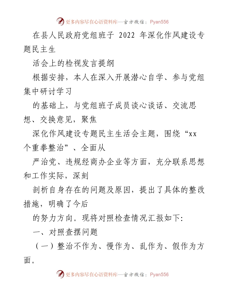 [发言] 县人民政府党组班子2022年深化作风建设专题民主生活会 - 深刻剖析与整改措施汇报.docx_第1页