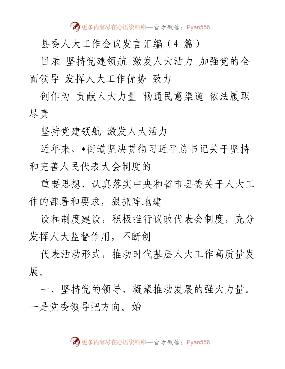 [发言] 县委人大工作会议 - 坚持党建引领，推动人大工作高质量发展.docx_第1页