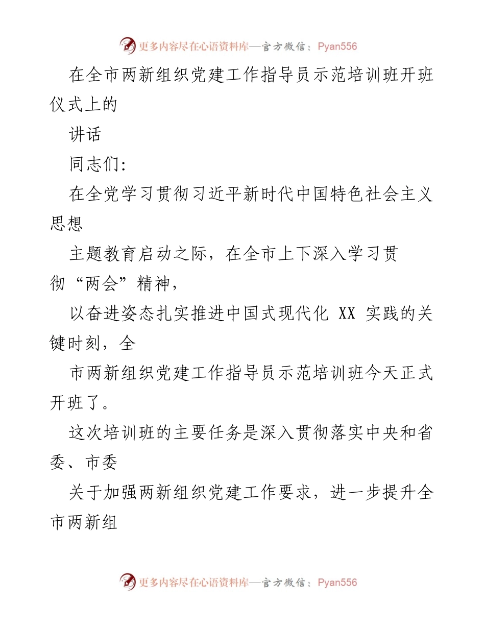 [发言] 培训班开班仪式 - 加强两新组织党建工作的重要性与指导员职责.docx_第1页