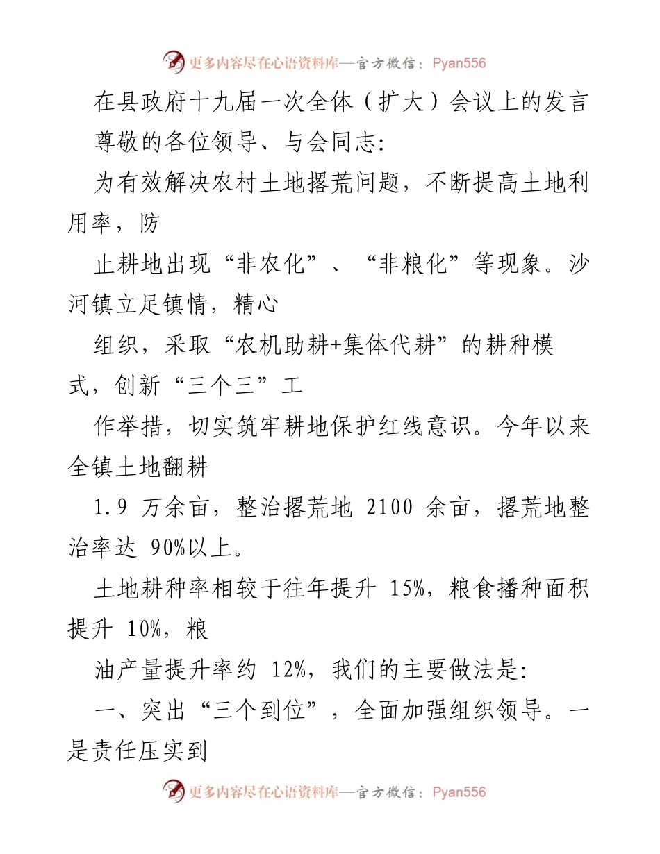 [发言] 县政府全体（扩大）会议 - 加强农村土地利用，整治撂荒耕地的创新举措.docx_第1页