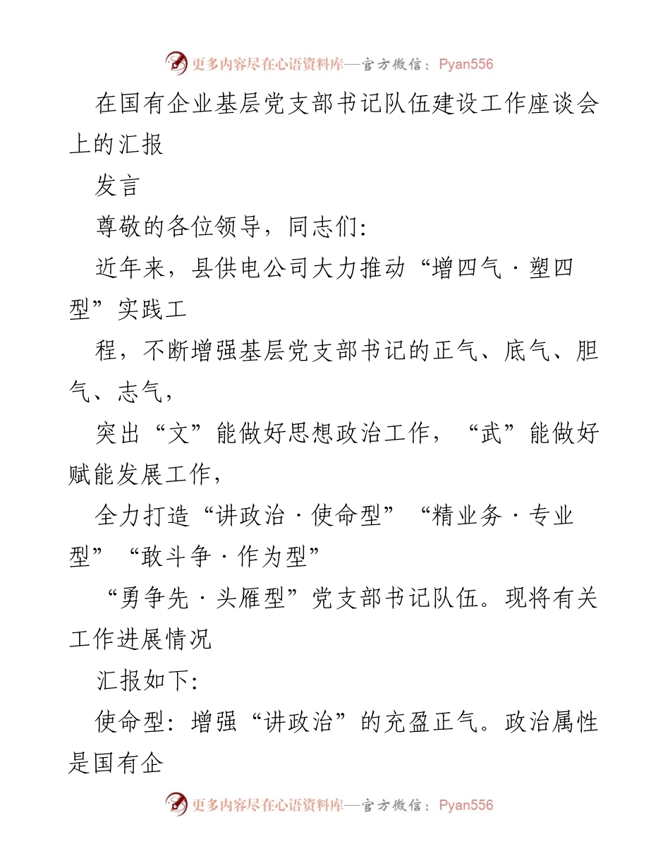 [发言] 国有企业基层党支部书记队伍建设工作座谈会 - 加强基层党支部书记队伍建设，推动“增四气·塑四型”实践工程.docx_第1页