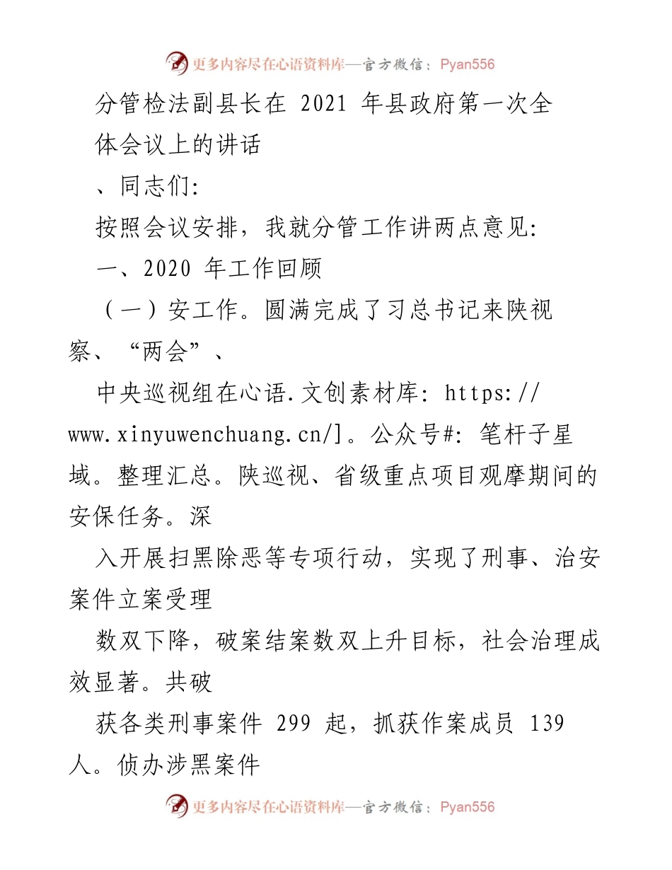 [发言] 县政府第一次全体会议 - 分管检法副县长2020年工作回顾与2021年工作安排讲话.docx_第1页