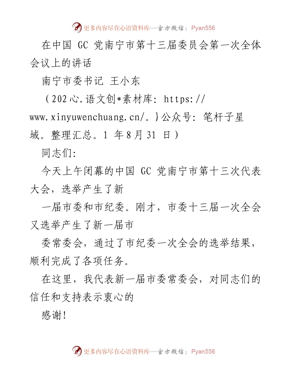 [发言] 南宁市第十三届委员会第一次全体会议 - 新一届市委常委会的使命与责任.docx_第1页