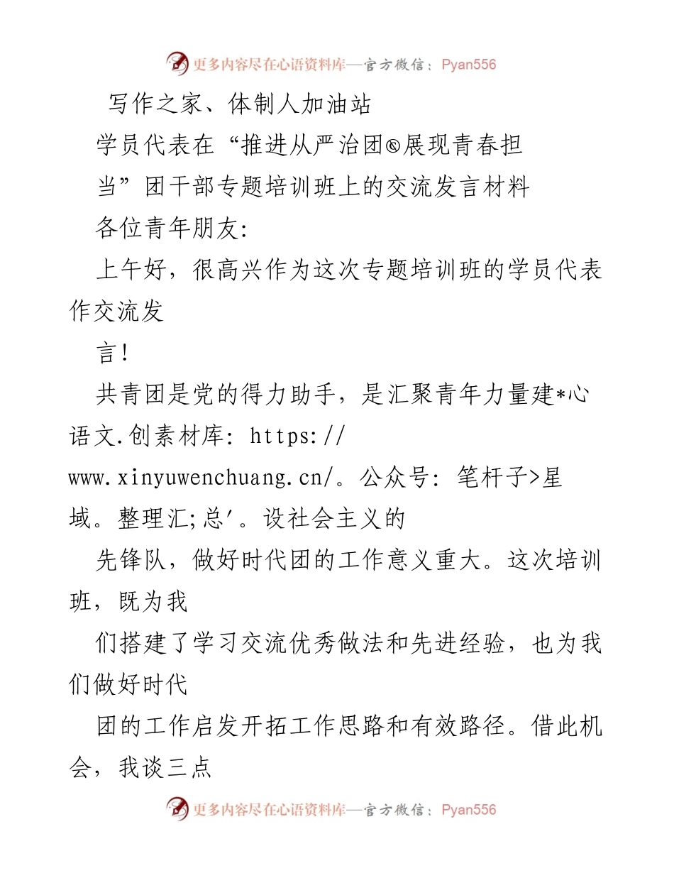 [发言] 团干部专题培训班 - 推进从严治团，展现青春担当的体会分享.docx_第1页