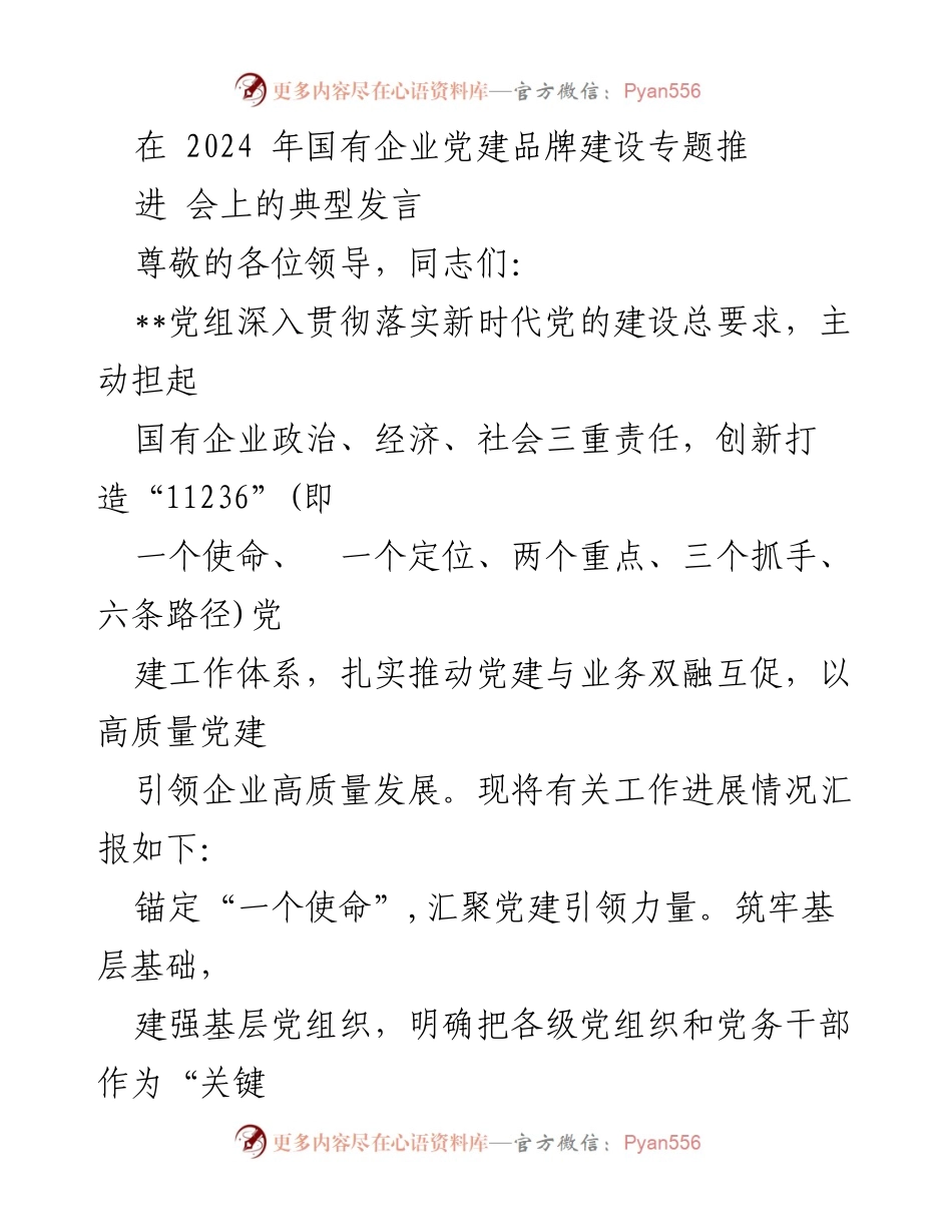 [发言] 国有企业党建品牌建设专题推进会 - 推动党建引领高质量发展新路径.docx_第1页