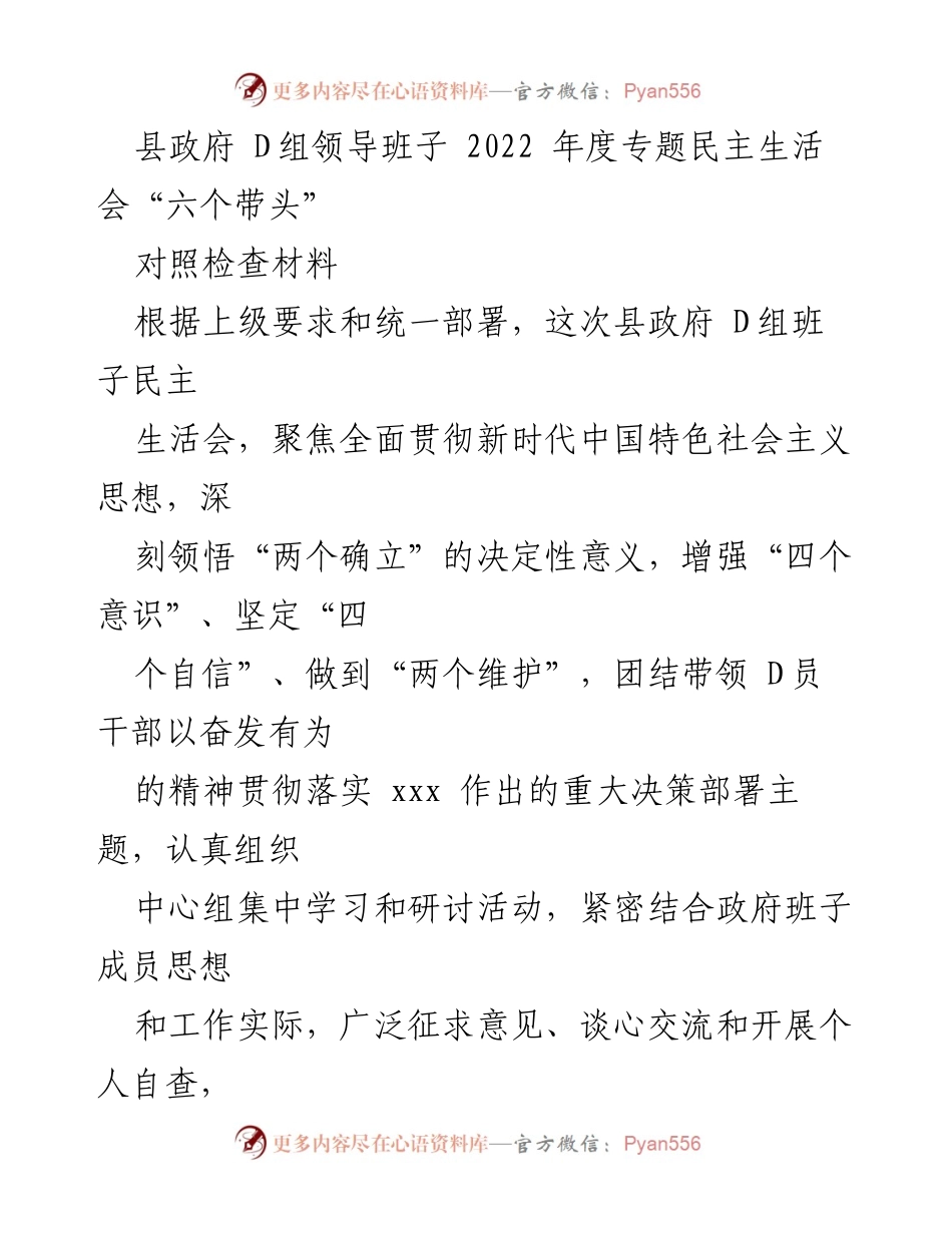 [发言] 县政府 D组年度民主生活会 - 2022年度专题民主生活会对照检查材料分析.docx_第1页