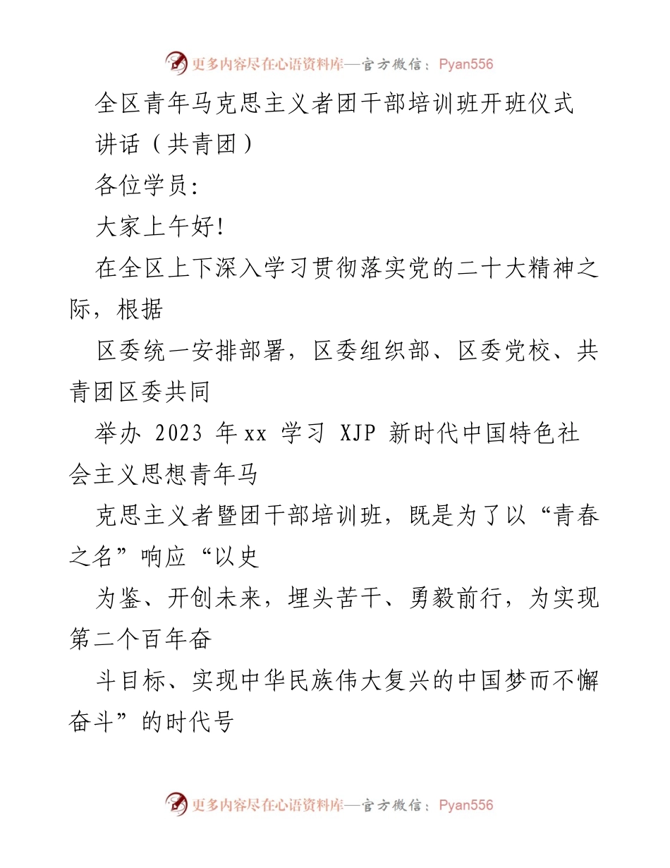 [发言] 培训班开班仪式 - 青年团干部的政治责任与理论提升.docx_第1页