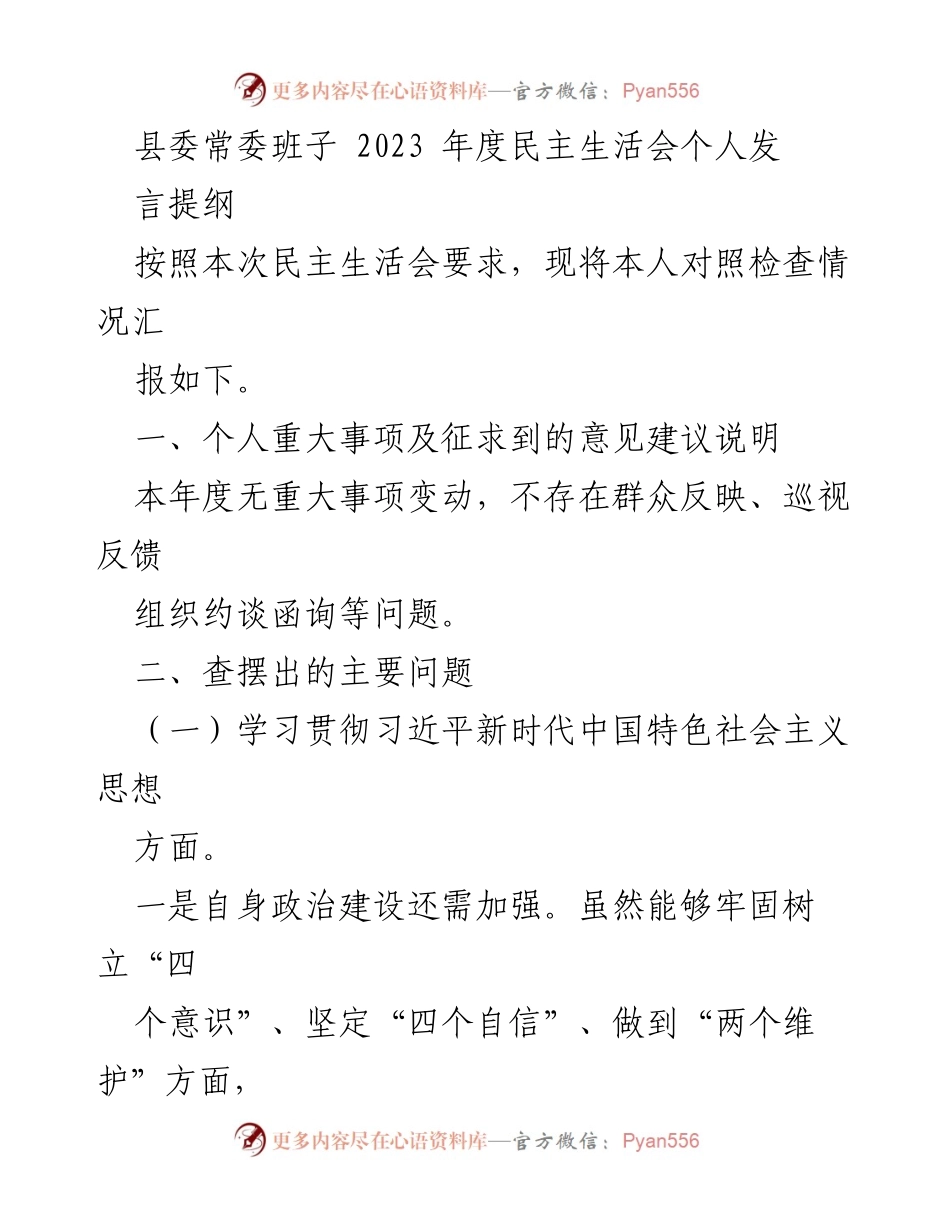 [发言] 县委常委班子 2023 年度民主生活会 - 个人对照检查与问题查摆报告.docx_第1页