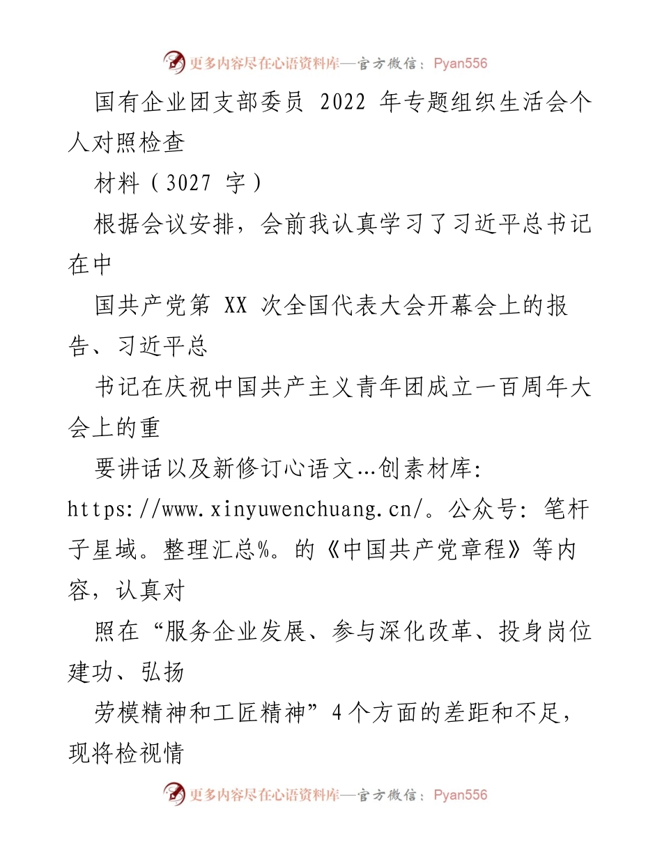 [发言] 国有企业团支部专题组织生活会 - 2022年团支部委员个人对照检查报告.docx_第1页