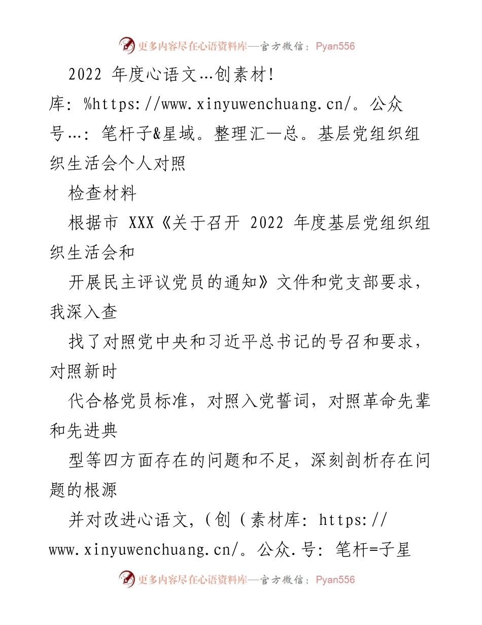 [发言] 基层党组织组织生活会 - 2022年度个人对照检查总结.docx_第1页