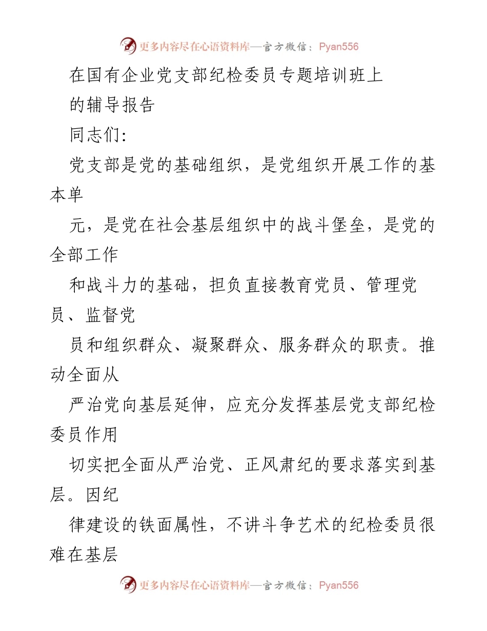 [发言] 国有企业党支部纪检委员专题培训班 - 基层纪检委员在全面从严治党中的作用与实践探索.docx_第1页