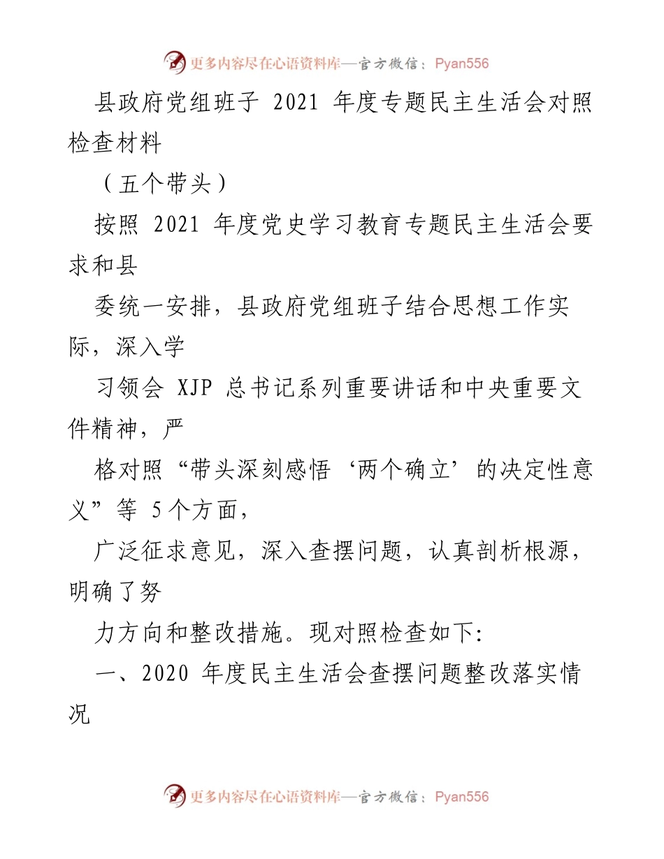 [发言] 县政府党组班子 2021 年度专题民主生活会 - 2021年度专题民主生活会对照检查与整改措施总结.docx_第1页