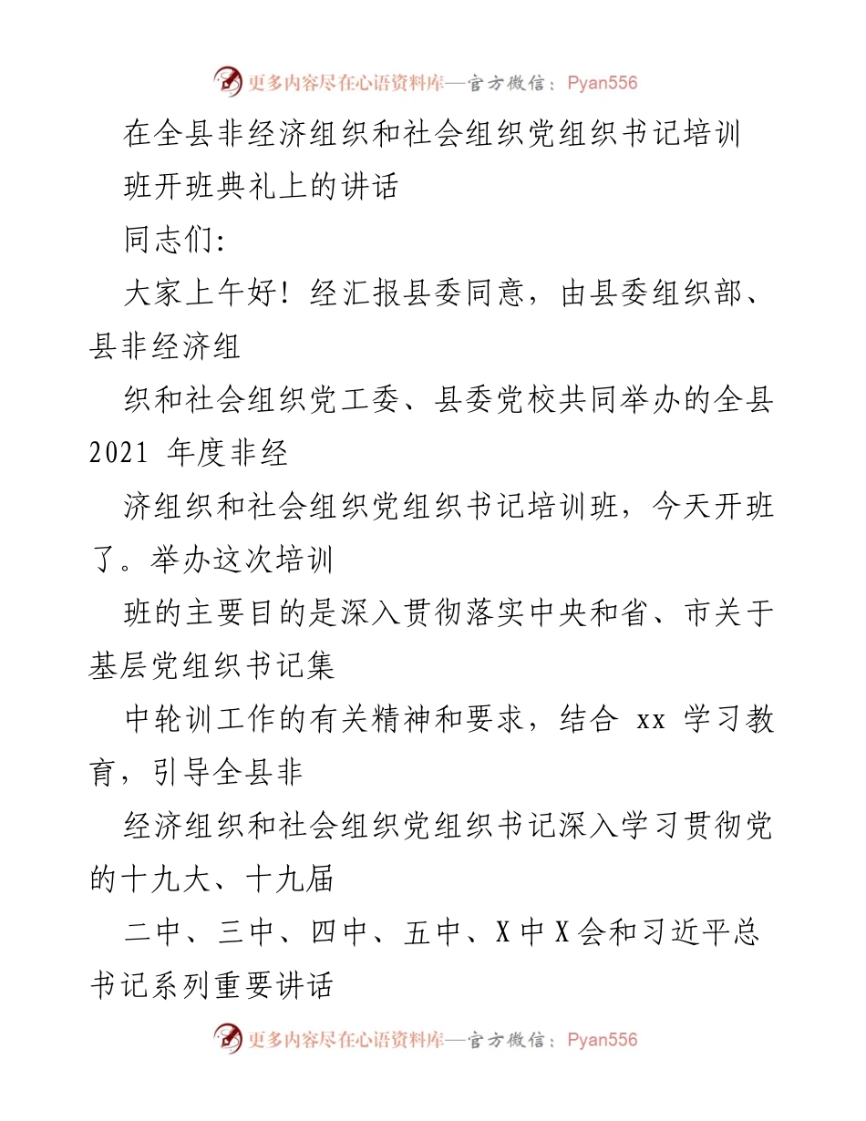 [发言] 培训班开班典礼 - 加强非经济组织和社会组织党建工作的必要性与实践建议.docx_第1页