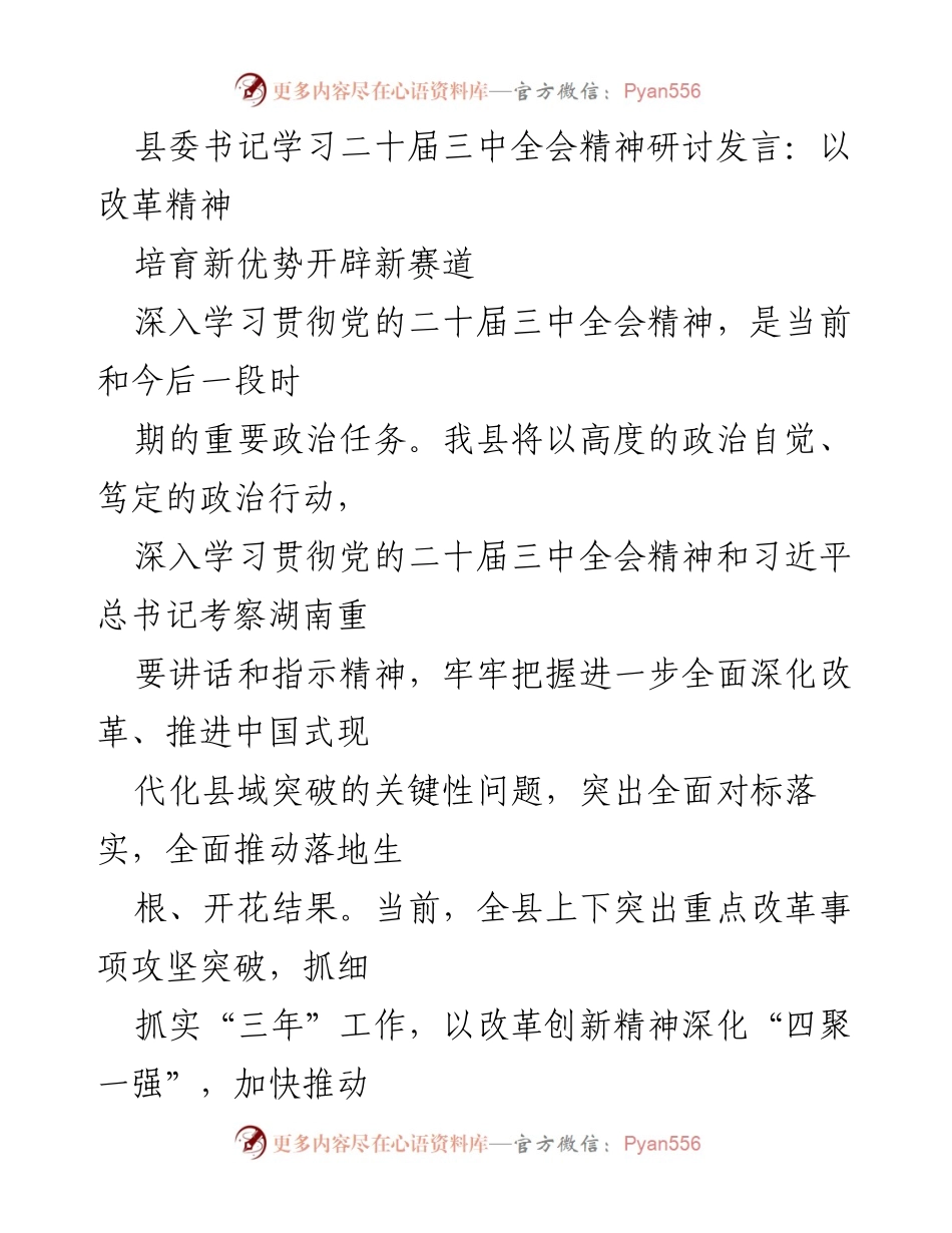 [发言] 县委书记学习二十届三中全会精神研讨 - 深入学习贯彻二十届三中全会精神，推动改革创新助力经济高质量发展.docx_第1页
