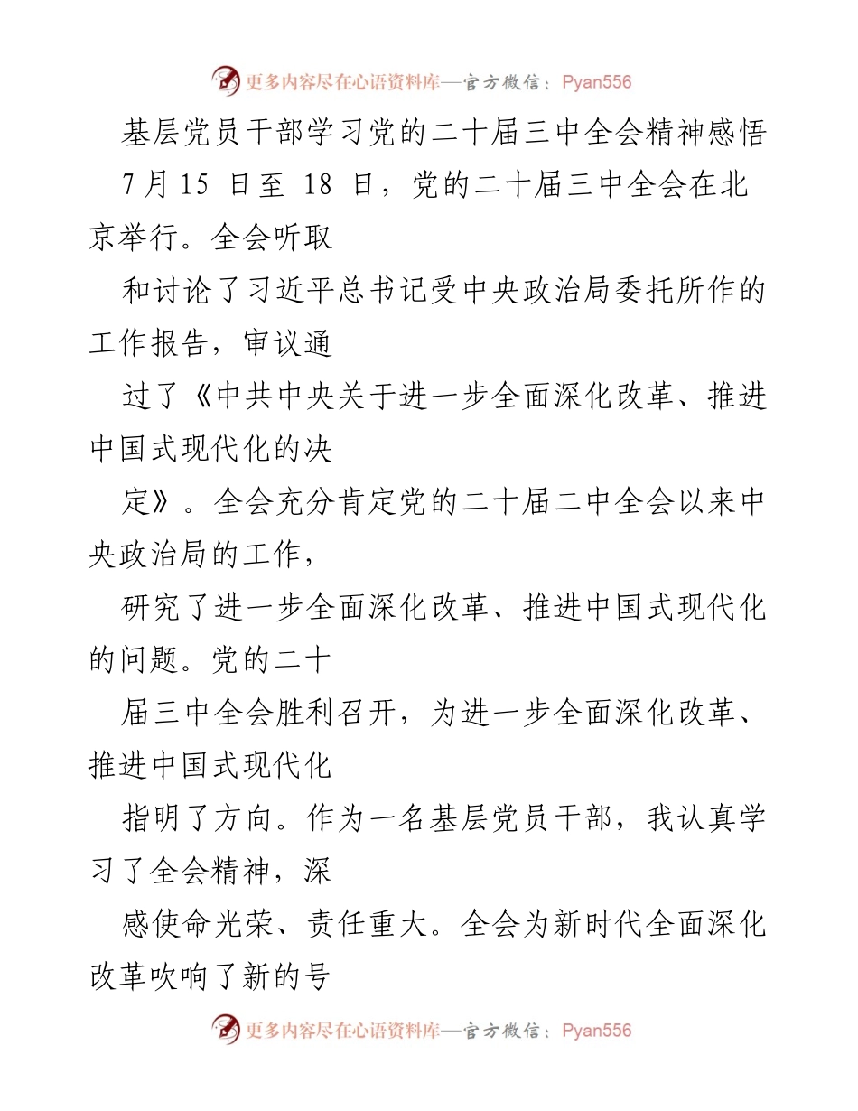 [发言] 基层党员干部学习会议 - 深刻领会党的二十届三中全会精神，推动乡村振兴.docx_第1页