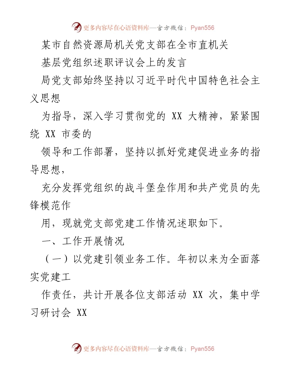[发言] 基层党组织述职评议会 - 坚持党建引领，推动自然资源管理高质量发展.docx_第1页