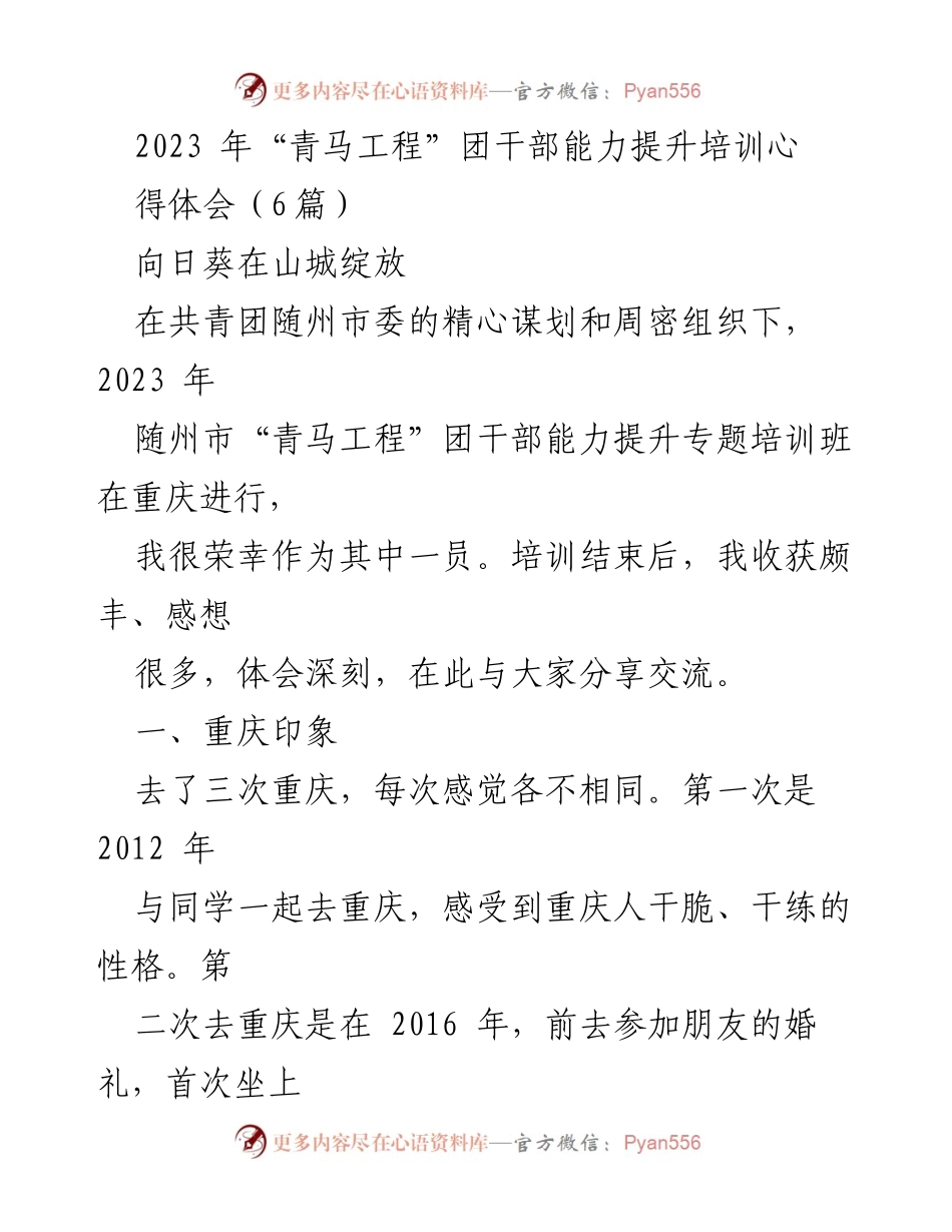 [发言] 培训总结 - 2023年“青马工程”团干部能力提升培训心得体会分享.docx_第1页