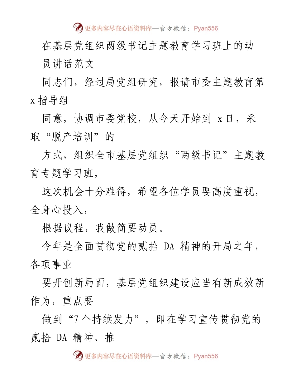 [发言] 基层党组织两级书记主题教育学习班 - 动员讲话：提升基层党组织建设与政治能力.docx_第1页