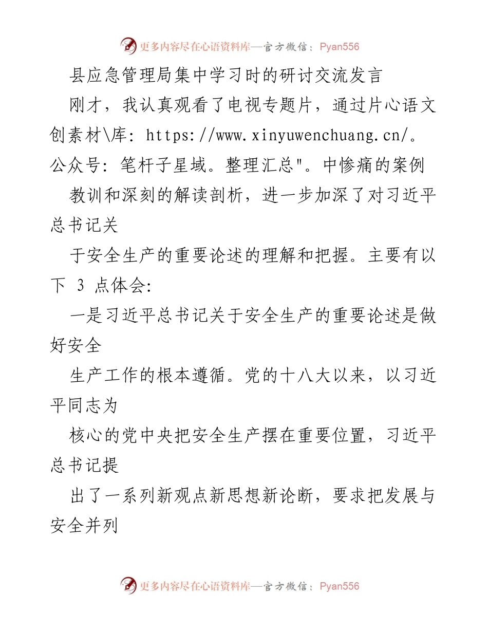 [发言] 县应急管理局集中学习 - 深入学习习近平总书记安全生产重要论述的体会与落实.docx_第1页