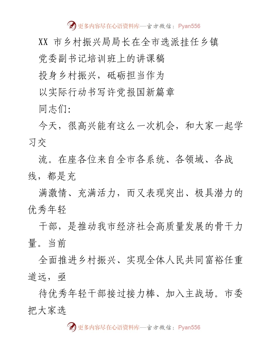 [发言] 培训班 - 投身乡村振兴，砥砺担当作为.docx_第1页
