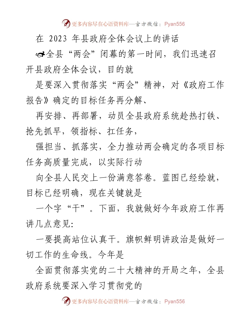 [发言] 县政府全体会议 - 深入贯彻落实“两会”精神，推动政府工作高质量完成.docx_第1页
