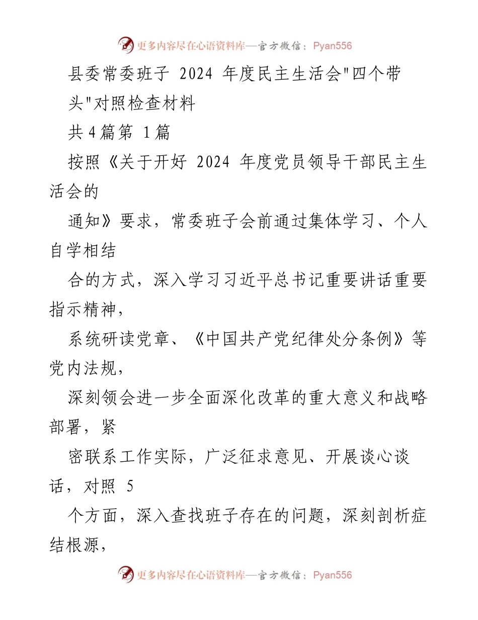 [发言] 县委常委班子民主生活会 - 2024年度民主生活会对照检查材料分析.docx_第1页